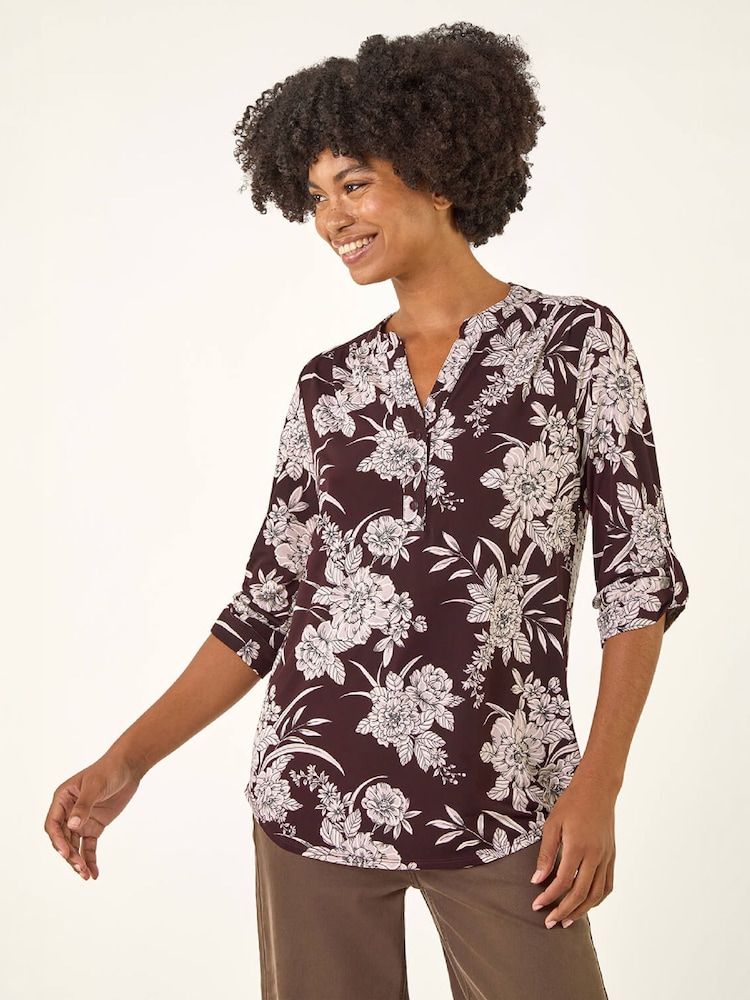 Roman Red Floral Puff Print Stretch Shirt - Image 1 of 4 Roman Red Floral Puff Print Stretch Shirt - Image 1 of 4