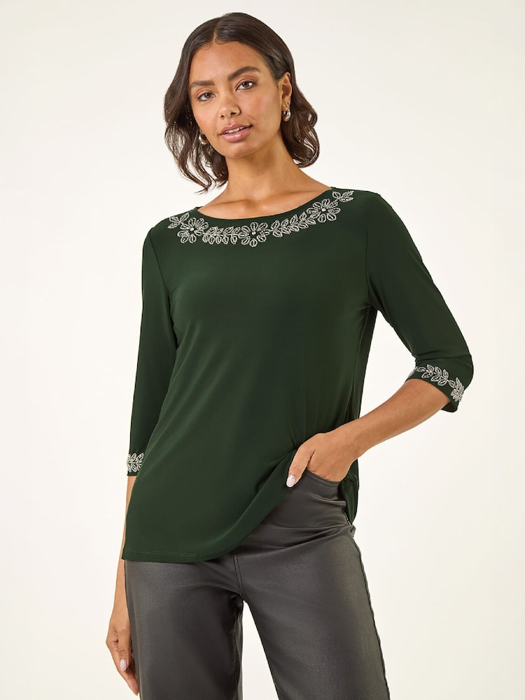 Roman Green Embellished Stretch Tunic Top - Image 2 of 4 Roman Green Embellished Stretch Tunic Top - Image 2 of 4