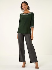 Roman Green Embellished Stretch Tunic Top - Image 3 of 4