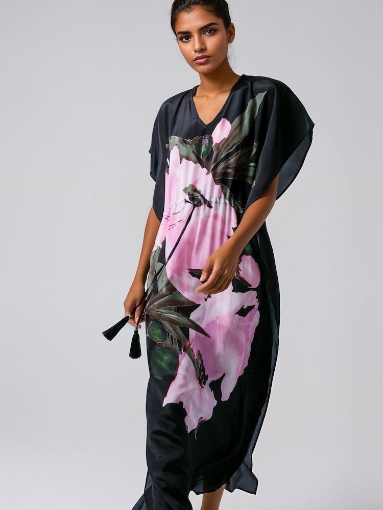 Religion Pink Elina Maxi Kaftan Beach Cover-Up in Large Bold Pink Floral Print with Tie Waist - Image 1 of 7