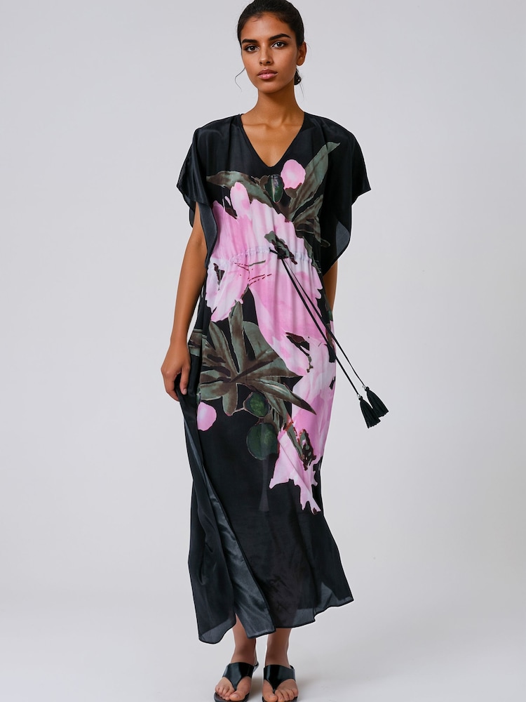 Religion Pink Elina Maxi Kaftan Beach Cover-Up in Large Bold Pink Floral Print with Tie Waist - Image 2 of 7