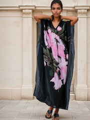 Religion Pink Elina Maxi Kaftan Beach Cover-Up in Large Bold Pink Floral Print with Tie Waist - Image 3 of 7