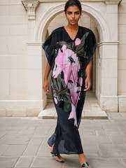 Religion Pink Elina Maxi Kaftan Beach Cover-Up in Large Bold Pink Floral Print with Tie Waist - Image 4 of 7