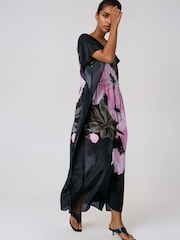 Religion Pink Elina Maxi Kaftan Beach Cover-Up in Large Bold Pink Floral Print with Tie Waist - Image 6 of 7