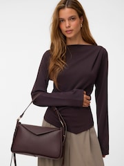 Vero Moda Brown Long Sleeve Cinched Waist Boat Neck Top - Image 1 of 5