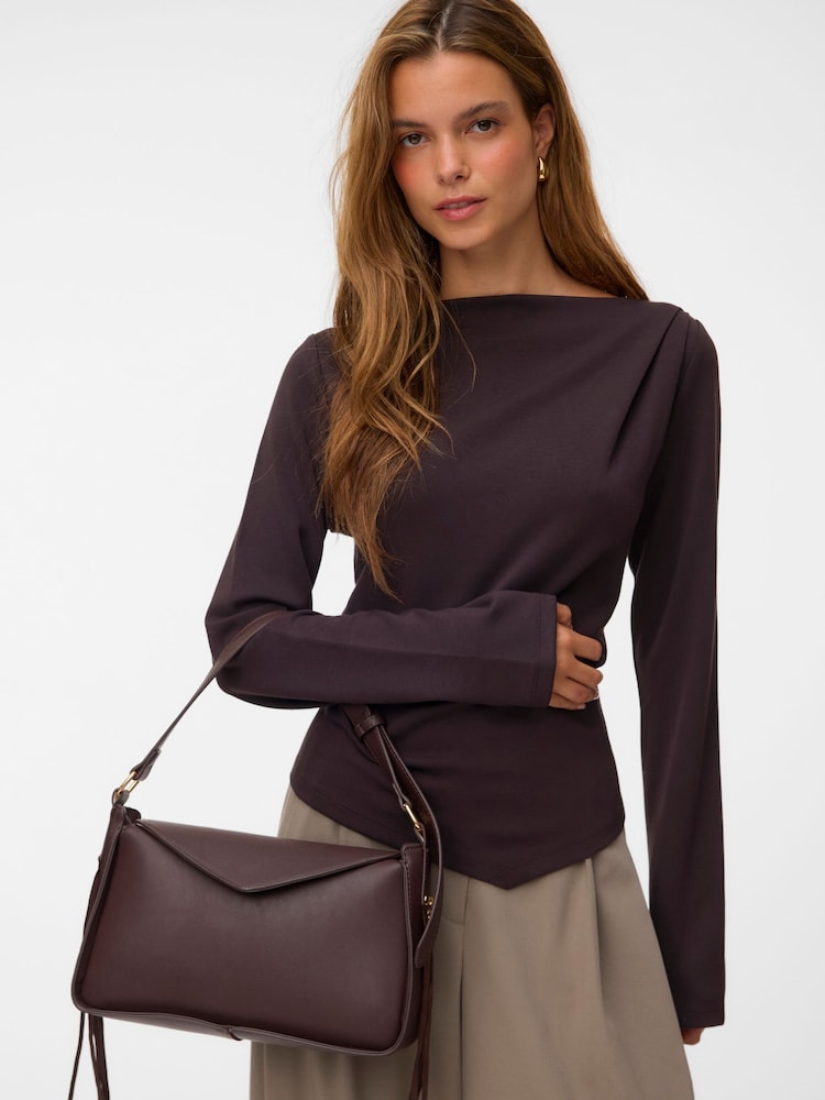Vero Moda Brown Long Sleeve Cinched Waist Boat Neck Top - Image 1 of 5 Vero Moda Brown Long Sleeve Cinched Waist Boat Neck Top - Image 1 of 5