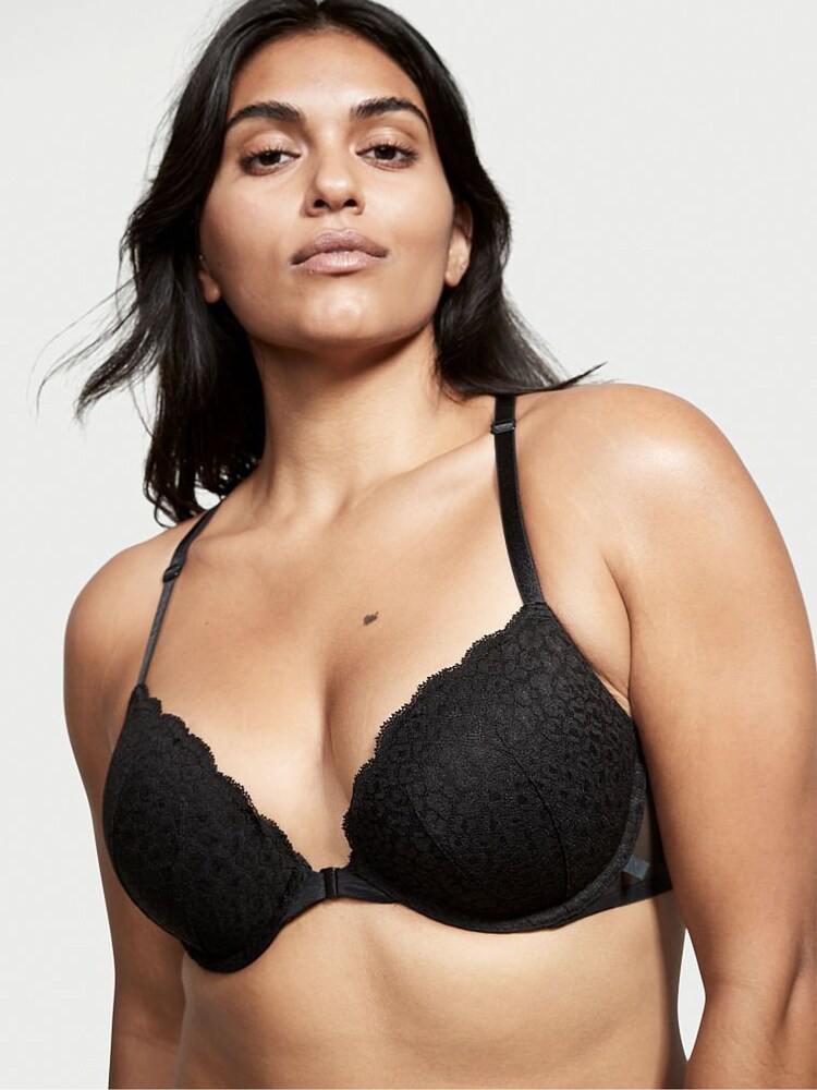 Victoria's Secret Black Lace Front Fastening Push Up T-Shirt Bra - Image 1 of 4 Victoria's Secret Black Lace Front Fastening Push Up T-Shirt Bra - Image 1 of 4