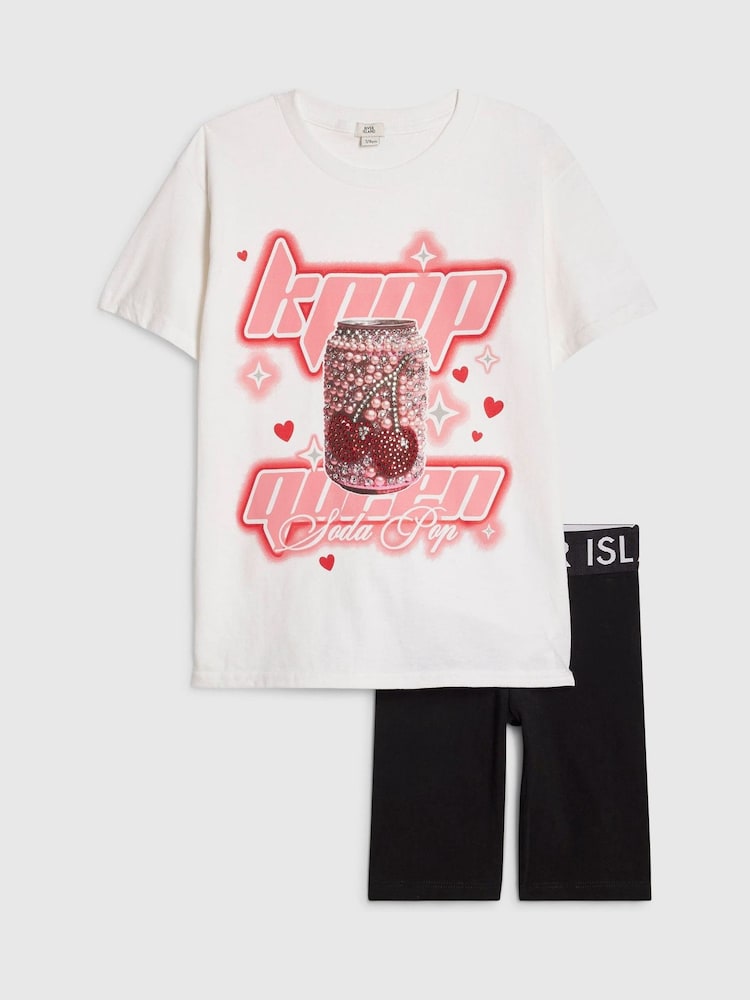 River Island White K Pop Soda Queen T-Shirt & Cycle Shorts Set - Image 1 of 5 River Island White K Pop Soda Queen T-Shirt & Cycle Shorts Set - Image 1 of 5
