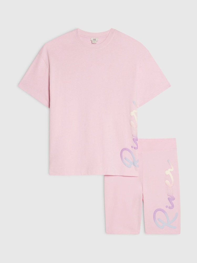 River Island Pink River Logo T-Shirt & Cycle Shorts Set - Image 1 of 5