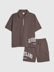 River Island Brown River Varsity Polo Shirt & Shorts Set - Image 1 of 5
