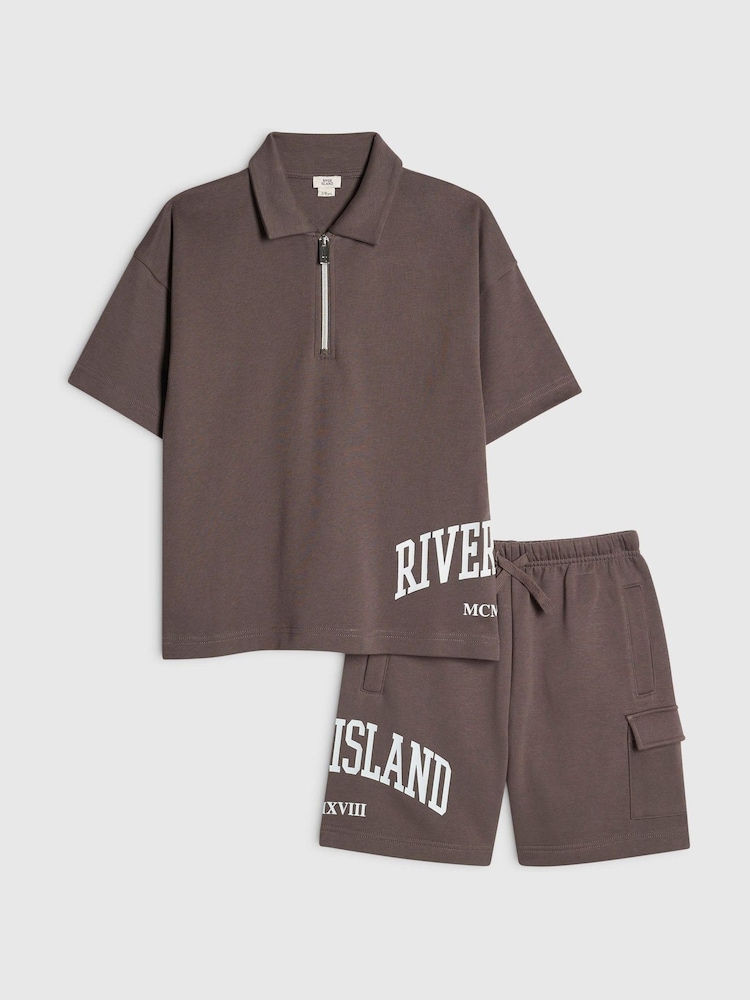 River Island Brown River Varsity Polo Shirt & Shorts Set - Image 1 of 5