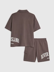 River Island Brown River Varsity Polo Shirt & Shorts Set - Image 2 of 5