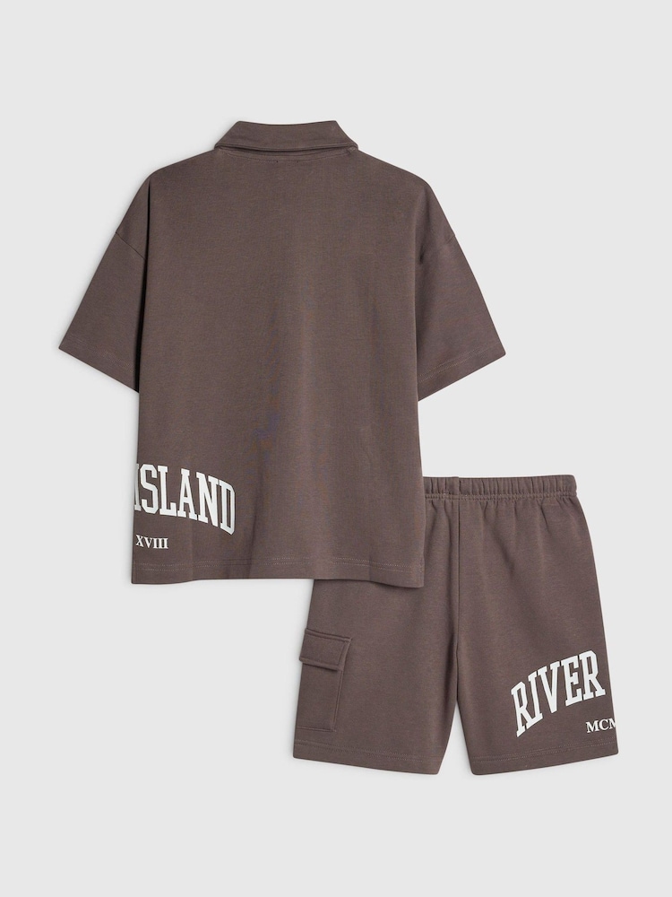 River Island Brown River Varsity Polo Shirt & Shorts Set - Image 2 of 5