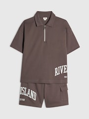 River Island Brown River Varsity Polo Shirt & Shorts Set - Image 3 of 5