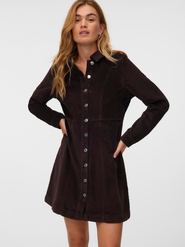 VERO MODA Brown Long Sleeve Corduroy Mini Dress - Image 1 of 5