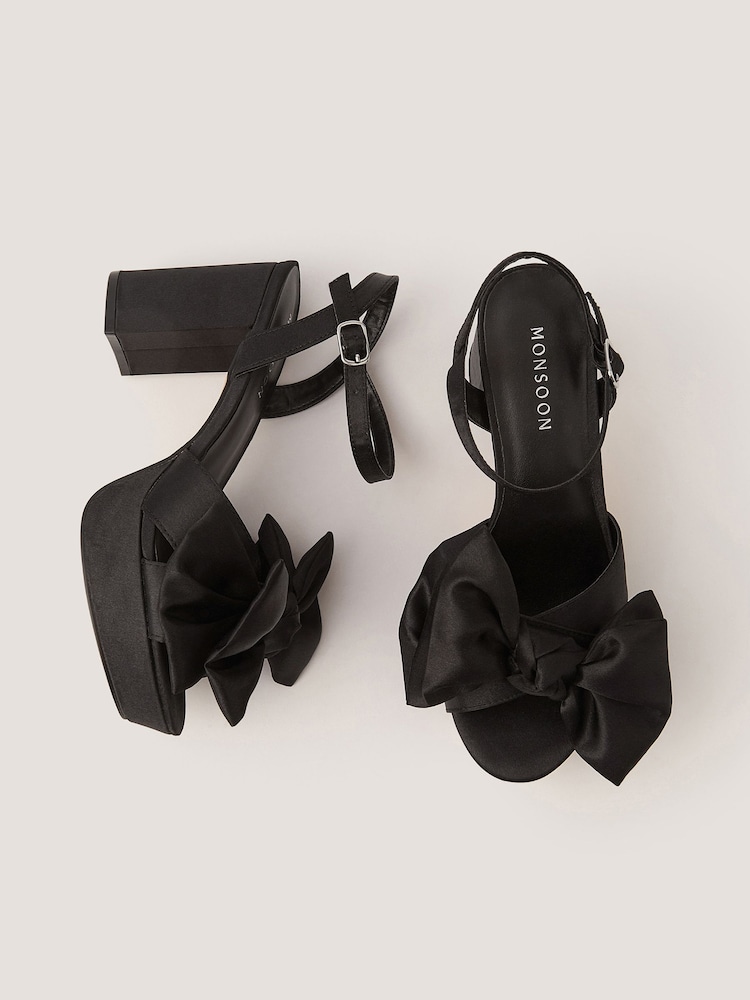 Monsoon Black Grace Bow Satin Platform Heels - Image 1 of 3 Monsoon Black Grace Bow Satin Platform Heels - Image 1 of 3