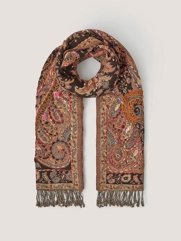 Monsoon Brown Ingrid Embroidered Paisley Print Scarf - Image 1 of 4 Monsoon Brown Ingrid Embroidered Paisley Print Scarf - Image 1 of 4