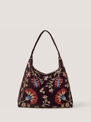 Monsoon Brown Hatti Embroidered Velvet Slouchy Shoulder Bag - Image 1 of 4