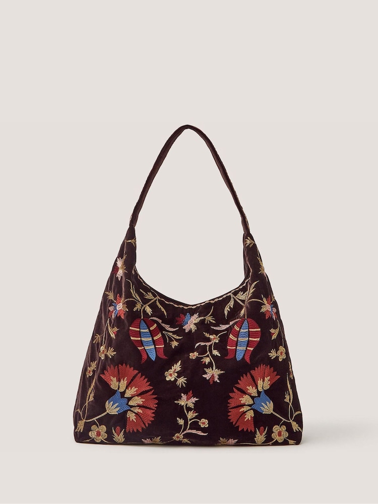 Monsoon Brown Hatti Embroidered Velvet Slouchy Shoulder Bag - Image 1 of 4 Monsoon Brown Hatti Embroidered Velvet Slouchy Shoulder Bag - Image 1 of 4