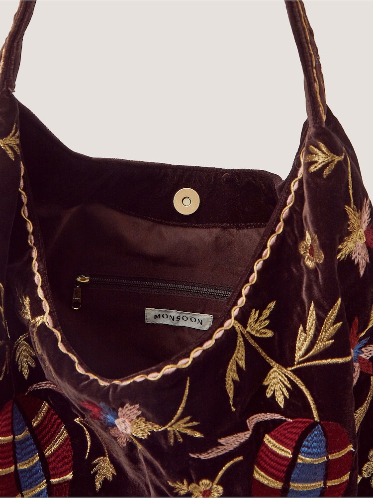Monsoon Brown Hatti Embroidered Velvet Slouchy Shoulder Bag - Image 4 of 4 Monsoon Brown Hatti Embroidered Velvet Slouchy Shoulder Bag - Image 4 of 4