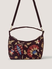Monsoon Brown Hatti Embroidered Velvet Crossbody Bag - Image 1 of 4