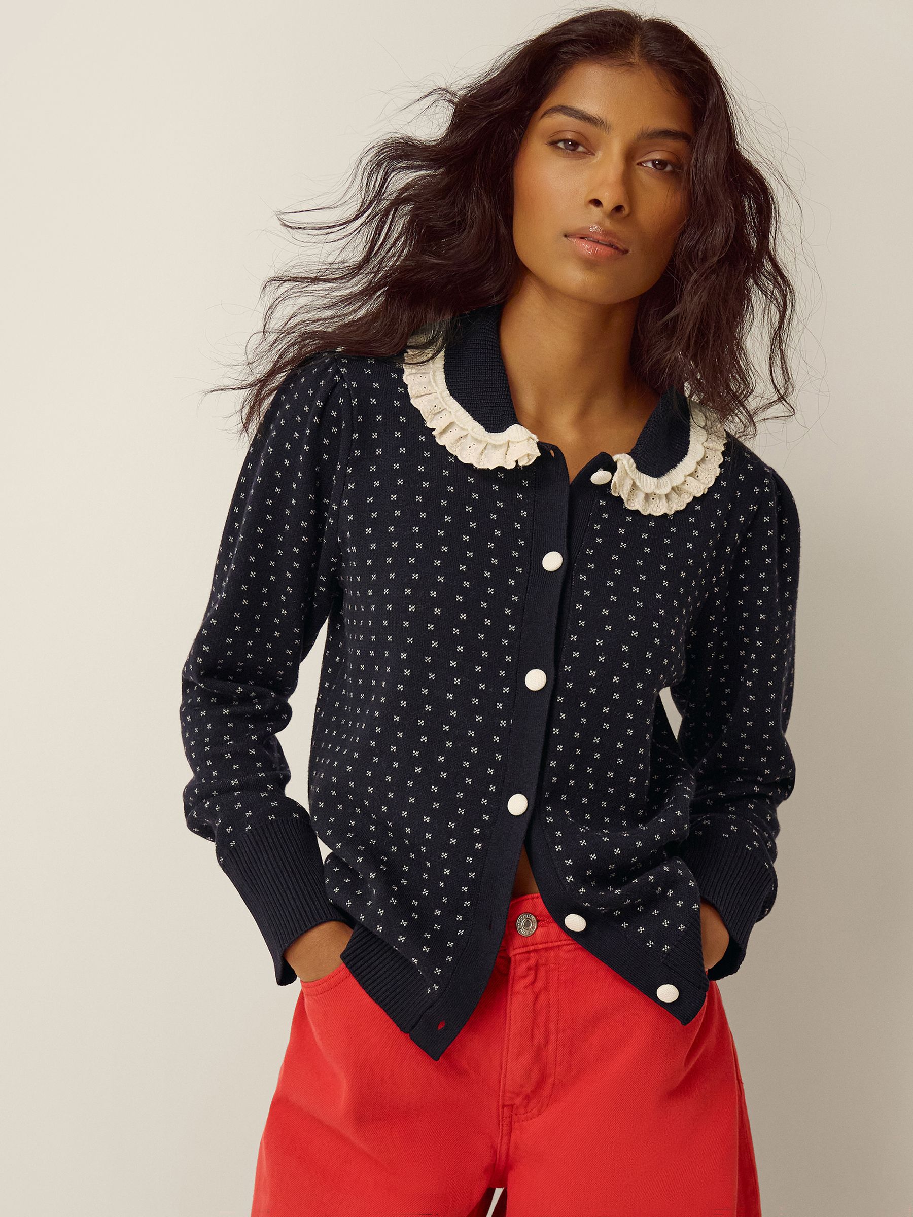 Monsoon Women's Navy Camila Broderie Collar Cardigan - Image 4