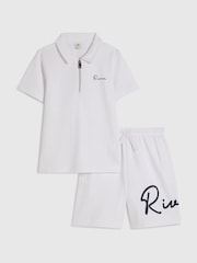 River Island White Logo Polo Shirt & Short Set - Image 1 of 5