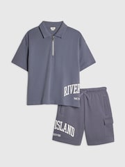 River Island Blue River Varsity Polo Shirt & Shorts Set - Image 1 of 5