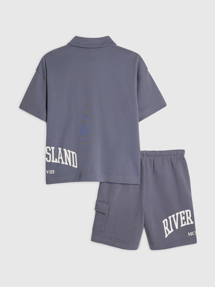 River Island Blue River Varsity Polo Shirt & Shorts Set - Image 2 of 5