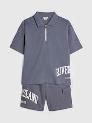 River Island Blue River Varsity Polo Shirt & Shorts Set - Image 3 of 5