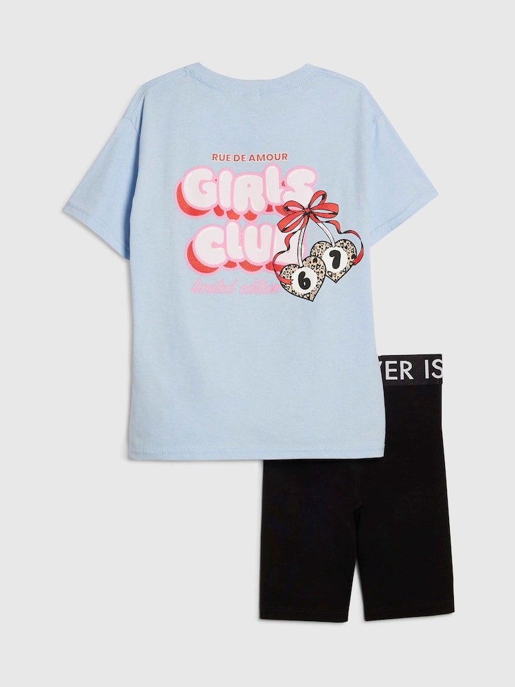 River Island Blue Six Seven Girls Club T-Shirt & Cycle Short Set - Image 1 of 5