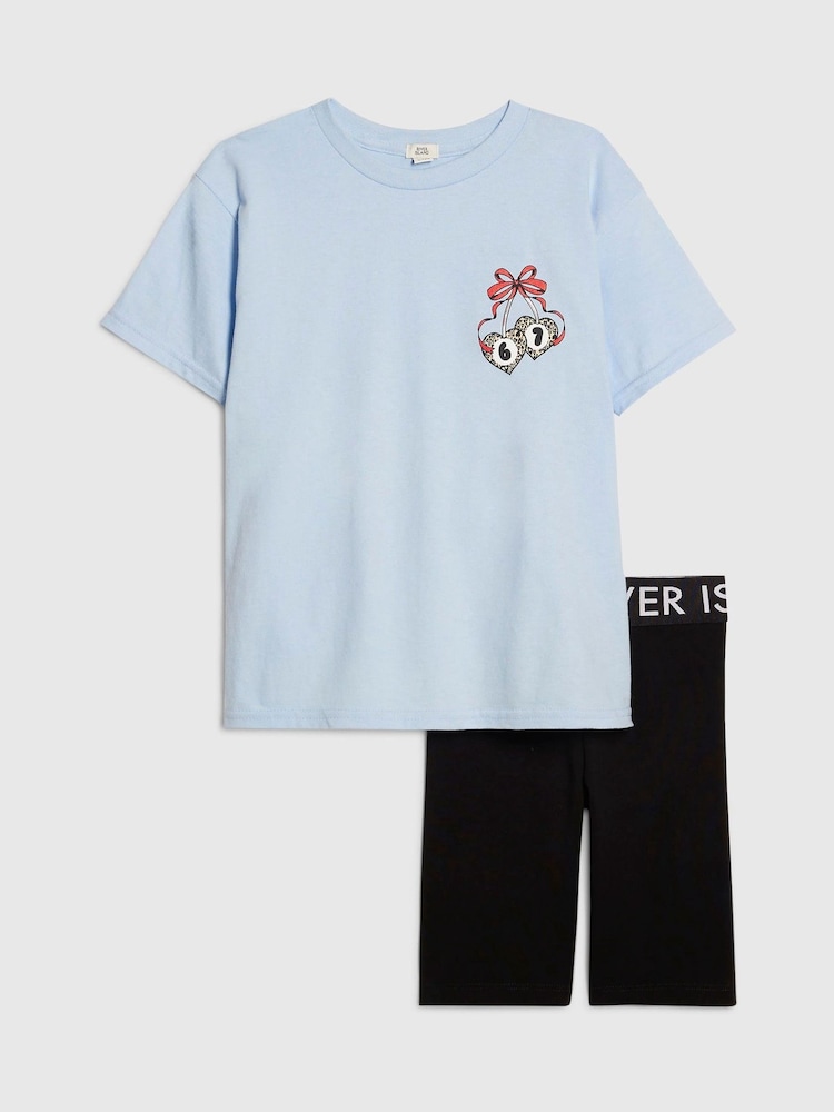 River Island Blue Six Seven Girls Club T-Shirt & Cycle Short Set - Image 2 of 5