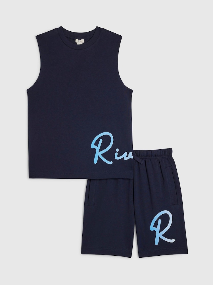 River Island Blue River Logo Vest & Short Set - Image 1 of 5