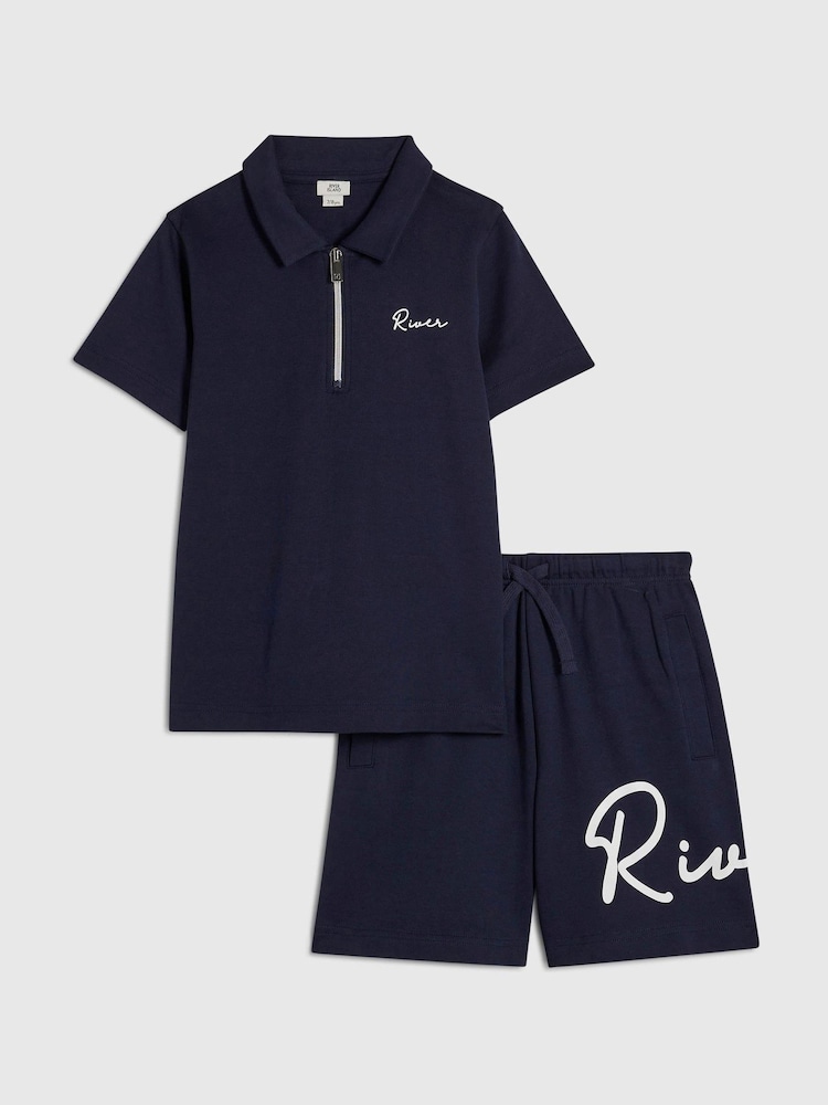 River Island Blue River Logo Polo Shirt & Shorts Set - Image 1 of 5 River Island Blue River Logo Polo Shirt & Shorts Set - Image 1 of 5