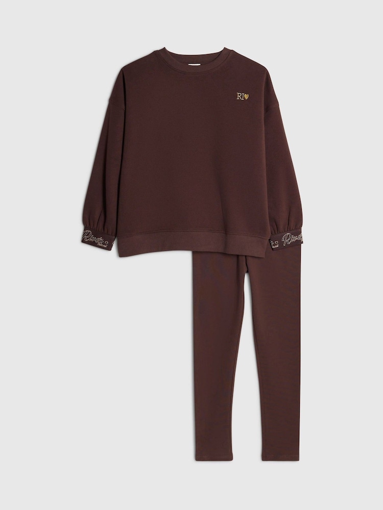 River Island Brown Split Back Logo Sweatshirt & Leggings Set - Image 1 of 5 River Island Brown Split Back Logo Sweatshirt & Leggings Set - Image 1 of 5