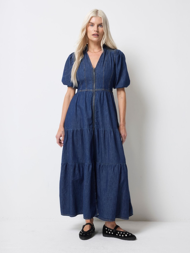 SCAMP & DUDE Blue Zip Front Denim Tiered Midi Dress - Image 1 of 2 SCAMP & DUDE Blue Zip Front Denim Tiered Midi Dress - Image 1 of 2