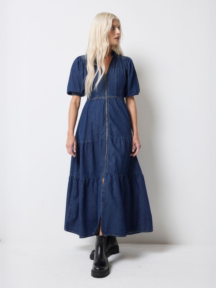 SCAMP & DUDE Blue Zip Front Denim Tiered Midi Dress - Image 2 of 2 SCAMP & DUDE Blue Zip Front Denim Tiered Midi Dress - Image 2 of 2