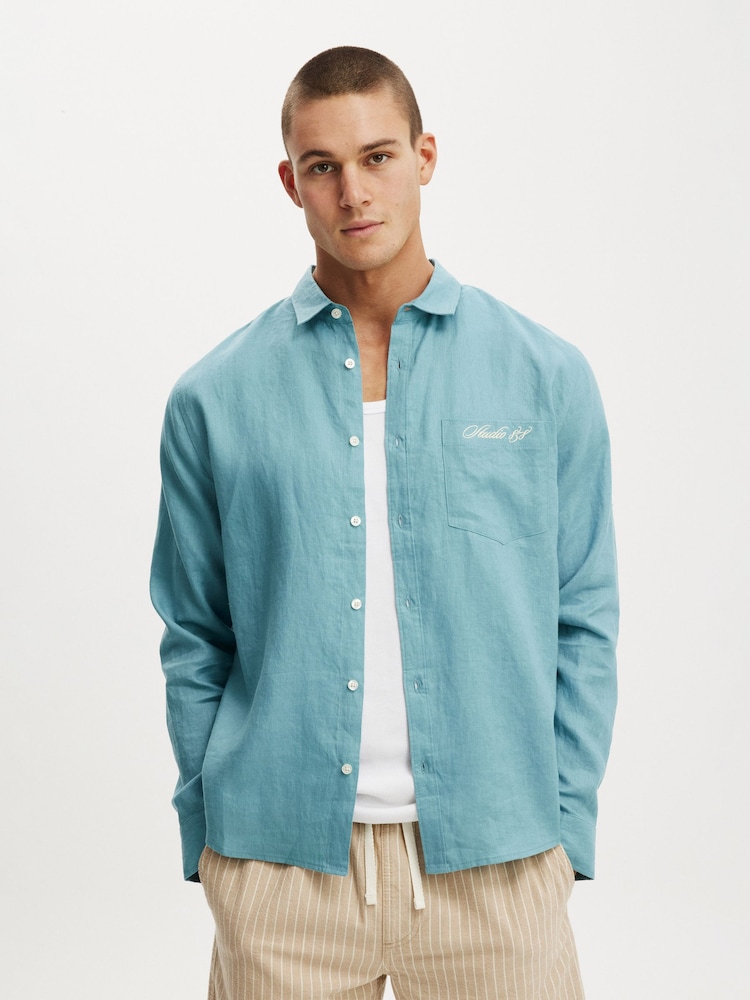 Cotton On Blue Relaxed Linen Long Sleeve Shirt - Image 1 of 4 Cotton On Blue Relaxed Linen Long Sleeve Shirt - Image 1 of 4