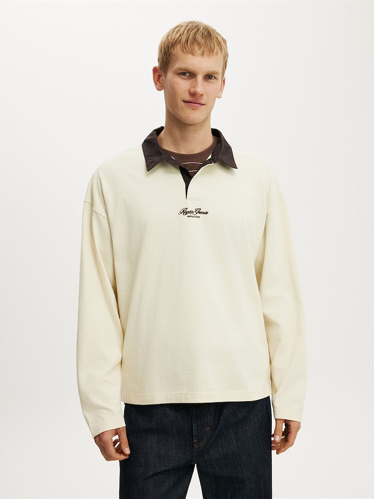 Cotton On Cream Box Fit Rugby Polo Shirt - Image 1 of 4 Cotton On Cream Box Fit Rugby Polo Shirt - Image 1 of 4