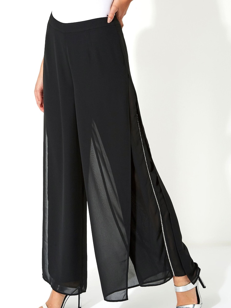 Roman Black Diamante Embellished Side Split Chiffon Trousers - Image 1 of 1
