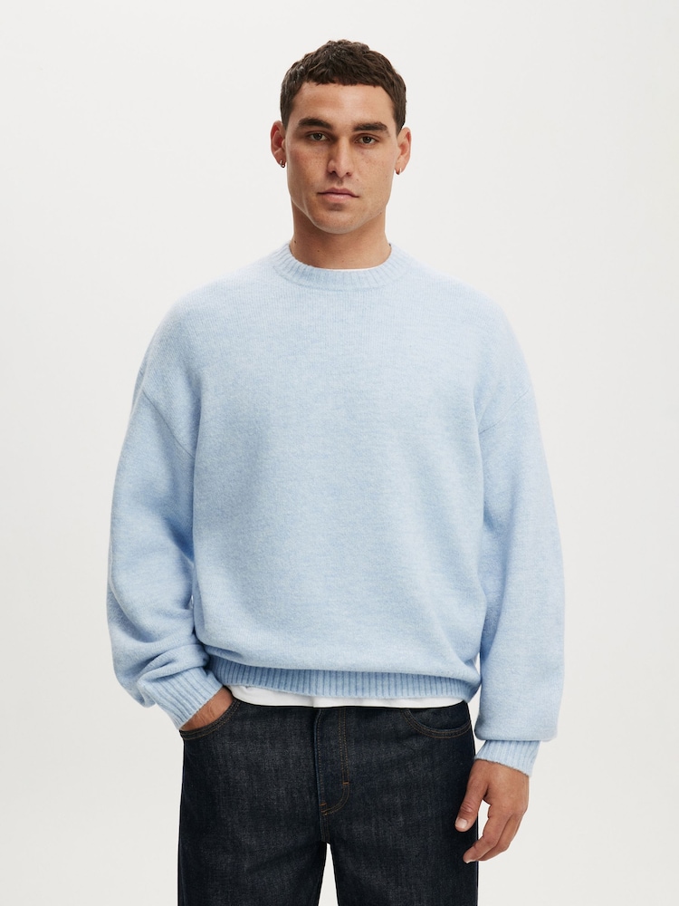 Cotton On Blue Marle Box Fit Fuzzy Crew Neck Knit Jumper - Image 1 of 4 Cotton On Blue Marle Box Fit Fuzzy Crew Neck Knit Jumper - Image 1 of 4