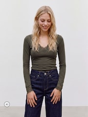 VERO MODA Green Long Sleeve V-Neck Lace Trim Top - Image 1 of 5