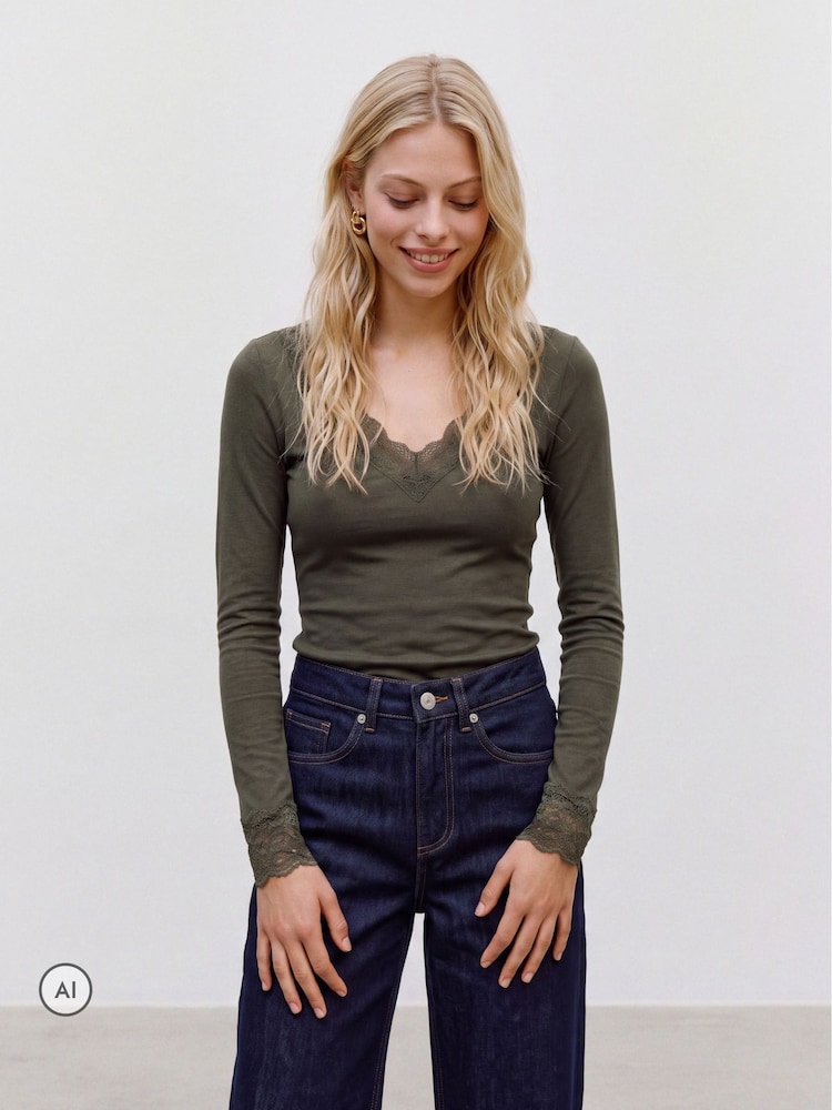VERO MODA Green Long Sleeve V-Neck Lace Trim Top - Image 1 of 5 VERO MODA Green Long Sleeve V-Neck Lace Trim Top - Image 1 of 5