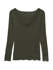 VERO MODA Green Long Sleeve V-Neck Lace Trim Top - Image 5 of 5