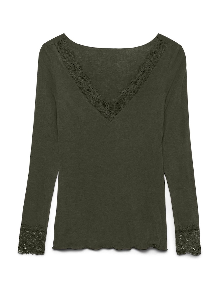 VERO MODA Green Long Sleeve V-Neck Lace Trim Top - Image 5 of 5 VERO MODA Green Long Sleeve V-Neck Lace Trim Top - Image 5 of 5