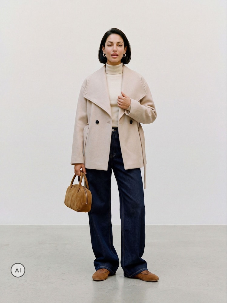 VERO MODA Cream High Neck Short Belted Coat - Image 2 of 6