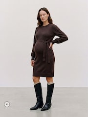Mamalicious Brown Maternity Long Sleeve Knitted Belted Dress - Image 1 of 5
