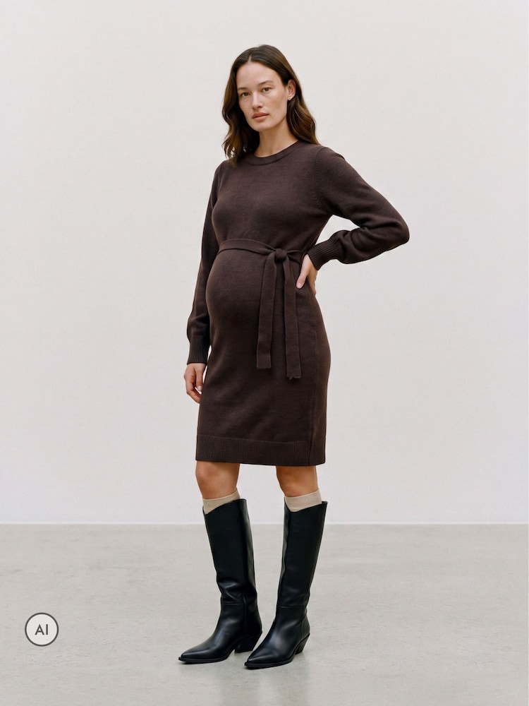 Mamalicious Brown Maternity Long Sleeve Knitted Belted Dress - Image 1 of 5 Mamalicious Brown Maternity Long Sleeve Knitted Belted Dress - Image 1 of 5