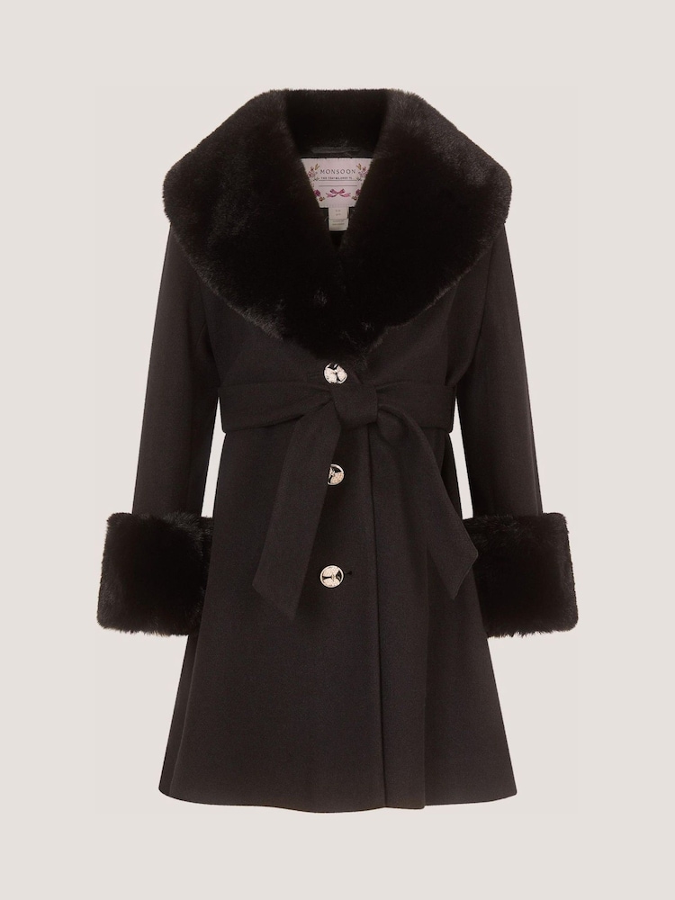 Monsoon Faux Fur Collar Belted Coat - 2şəkildən 1 şəkil