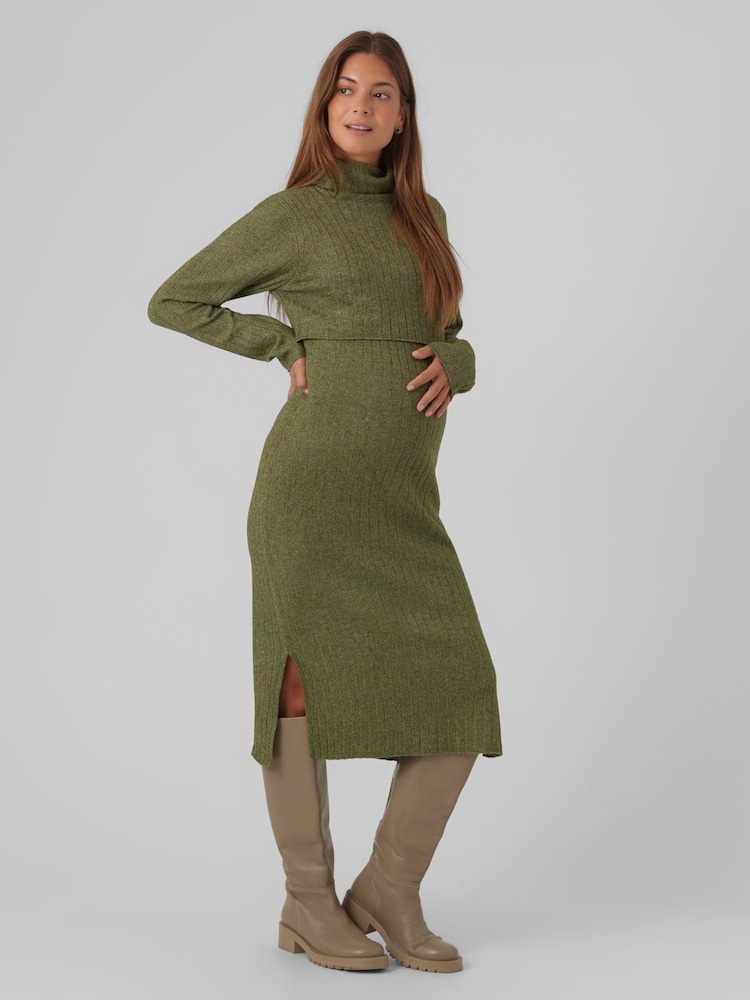 Mamalicious Green Maternity and Nursing Long Sleeve Knitted Midi Dress - Image 1 of 4 Mamalicious Green Maternity and Nursing Long Sleeve Knitted Midi Dress - Image 1 of 4